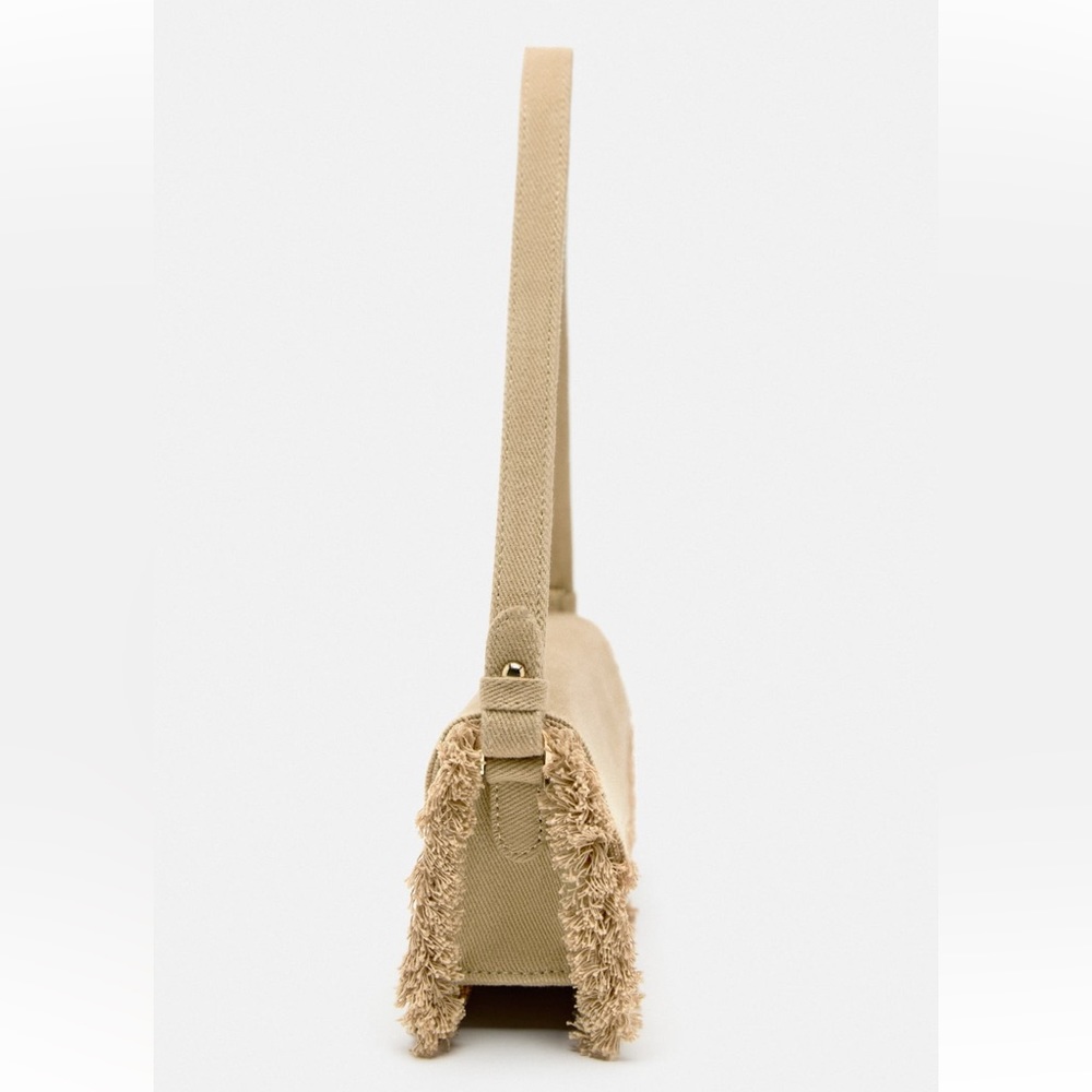 Zara Beige Tan Neutral Fabric shoulder Bag Handbag frayed trim Magnetic flap NWT - Picture 14 of 15